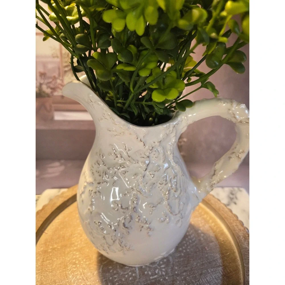 Vintage Italian Style Ceramic Floral‎ Embossed Pitcher Farmhouse Creamer Vase